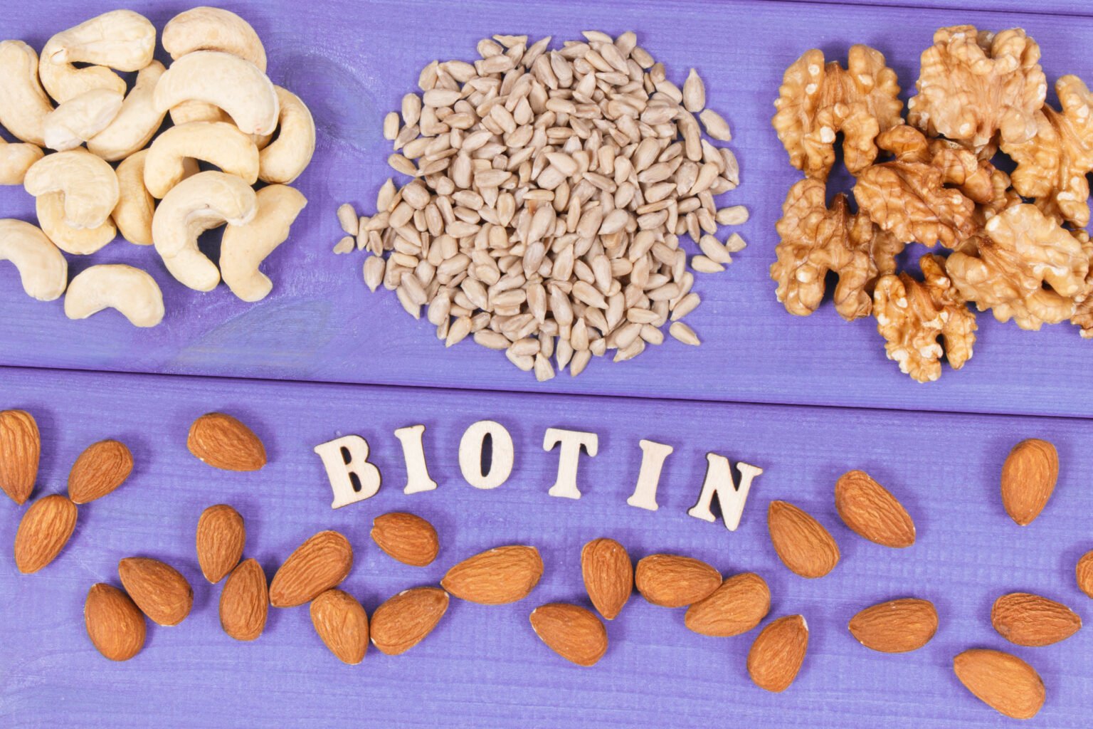 Inscription biotin with nutritious products containing vitamins and dietary fiber, healthy nutrition