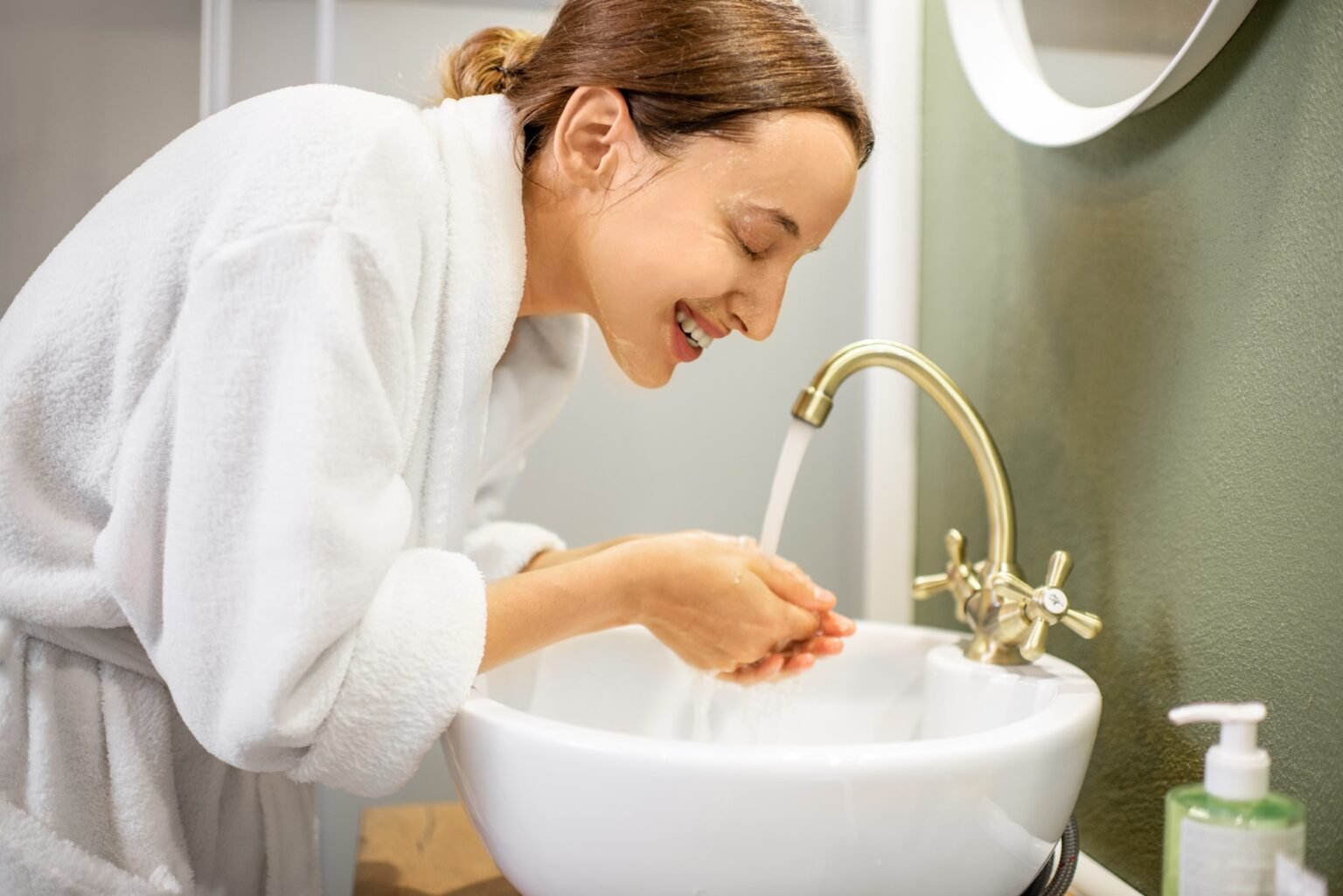 Woman washing face in the bathroom
